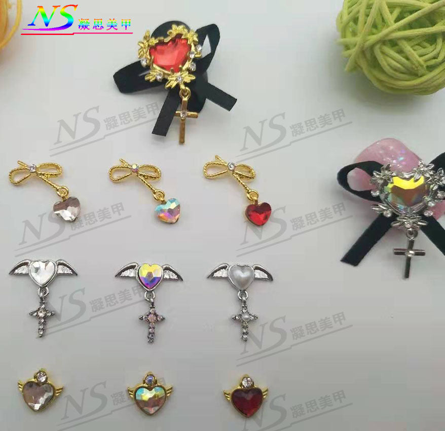 Alloy nail art rhinestones, heart-shaped bow, angel wings, cross AB Colorful heart pendant with rhinestones and pearls Secondary image