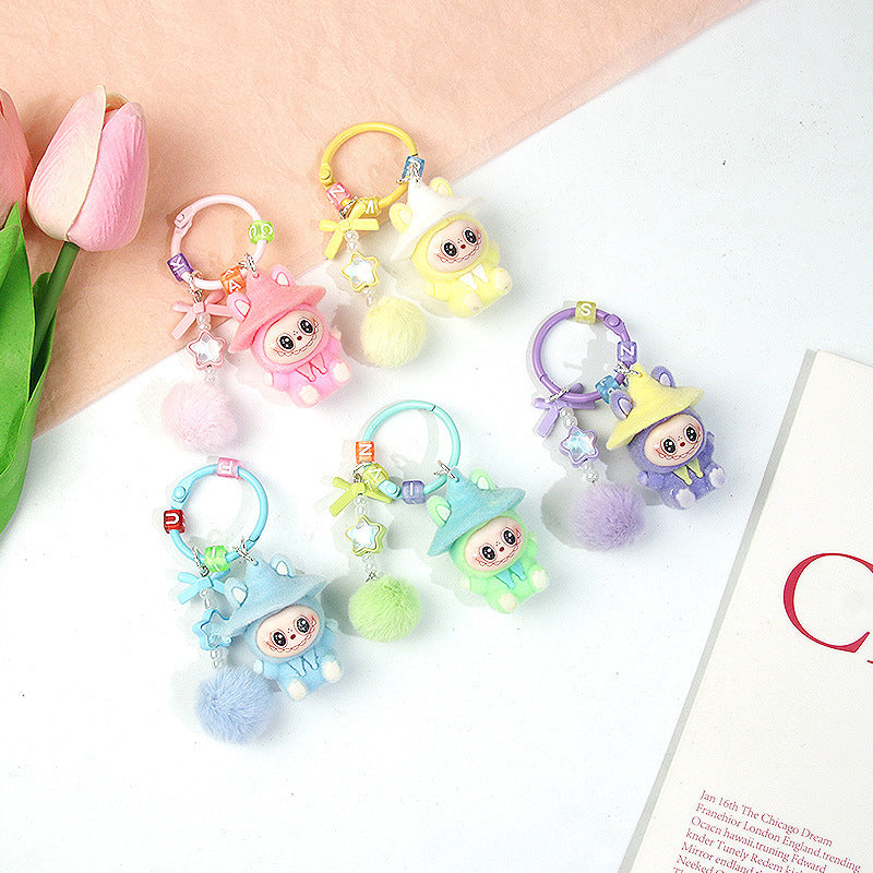 Flocked Magic Hat Plush Keychain Pendant with Five-Pointed Star and Pom-Pom Accessory for Phone Chains and Bag Decorations サブ画像