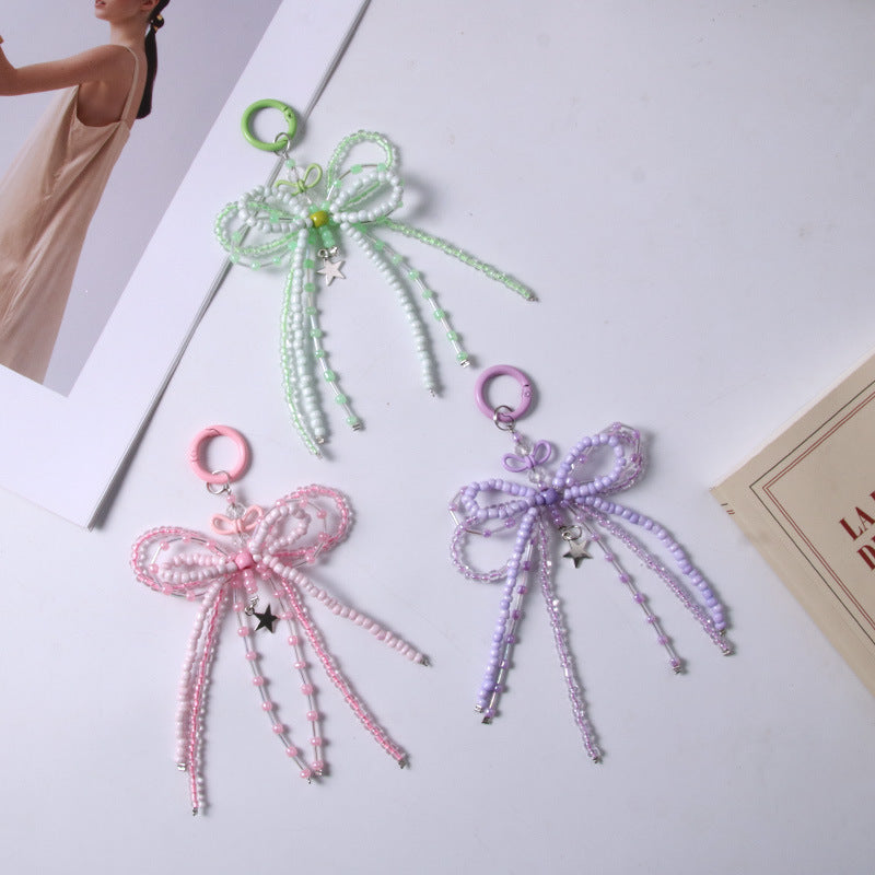 Creative luminous bead alloy bow keychain handmade woven fashion phone strap crossbody bag サブ画像