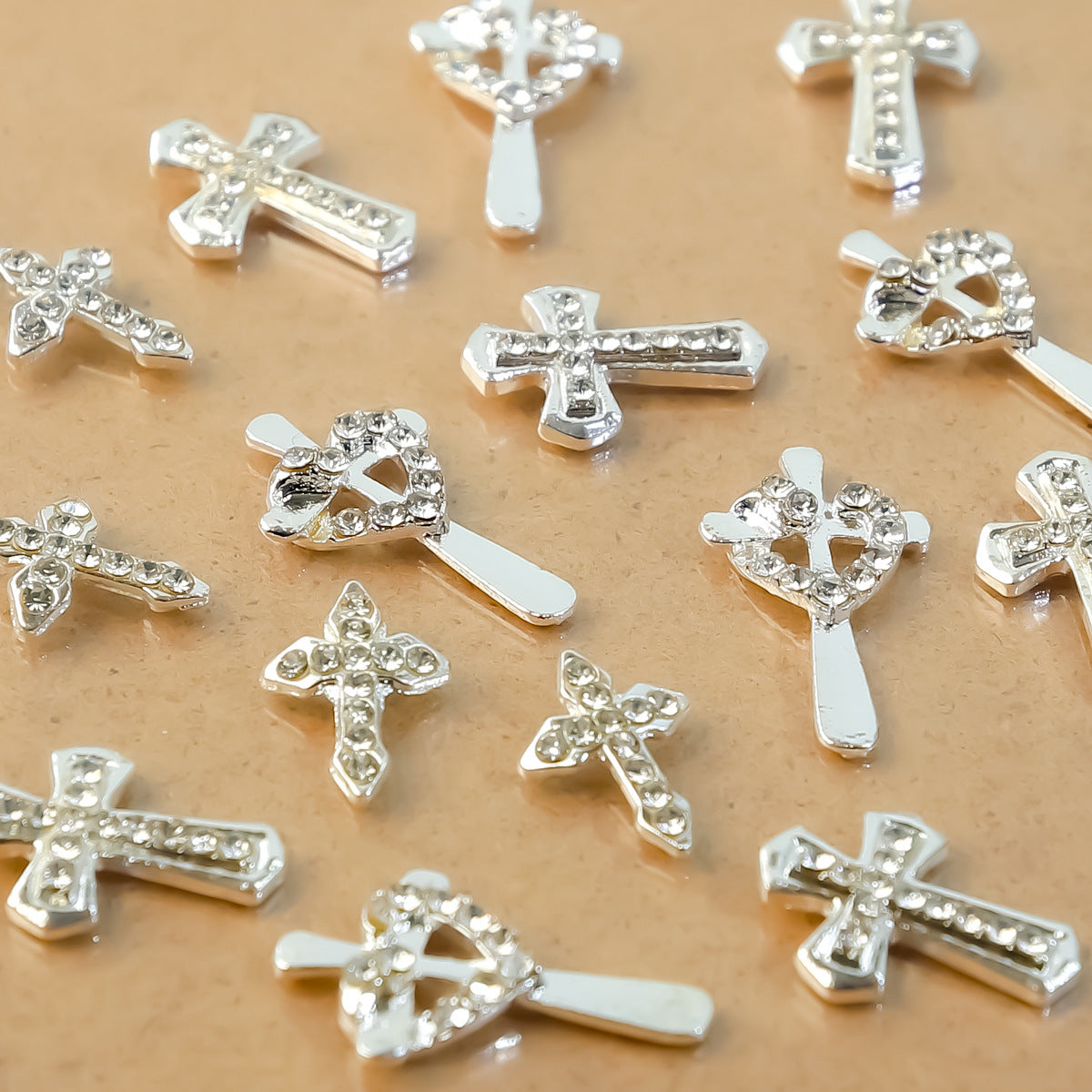 Nail art cross alloy accessory in vintage silver with Chrome Hearts inlay, crystal diamonds, super shiny full diamond nail decoration Secondary image