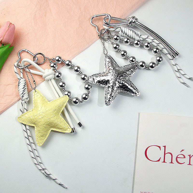 Korean-style five-pointed star handmade beaded bag pendant, popular accessory string combination keychain and phone decoration サブ画像