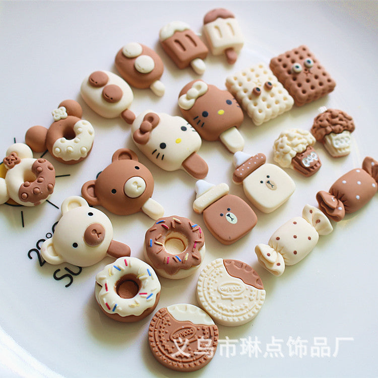 Cute cat ice cream smiley face milk tea color resin accessory parts DIY hair accessories elastic bands clips handmade materials Secondary image