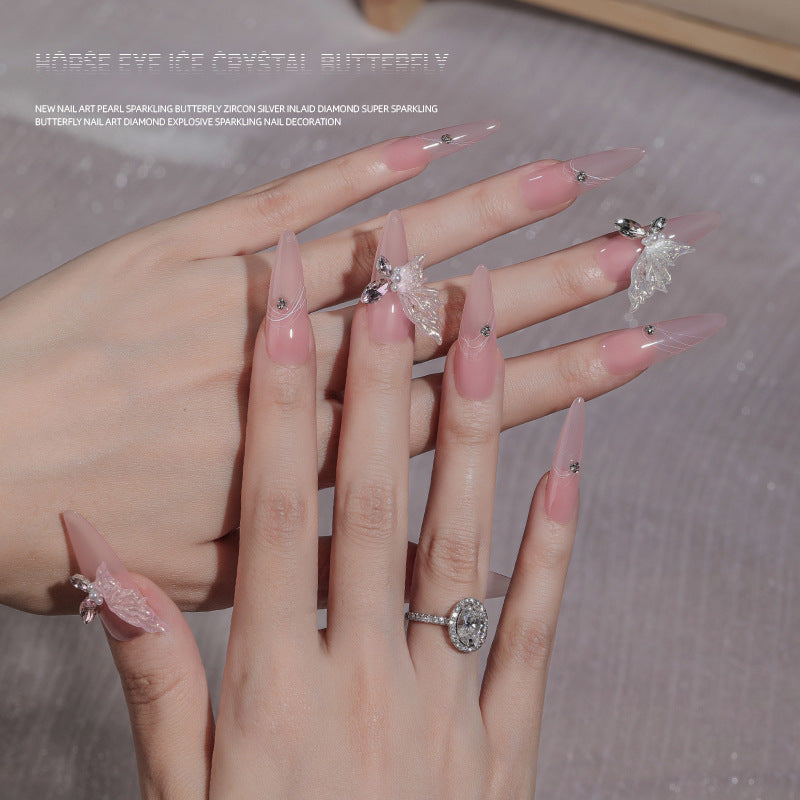 Iridescent fine glitter luminous large butterfly wings nail art accessories with marquise diamonds, handmade finished nail decoration Secondary image