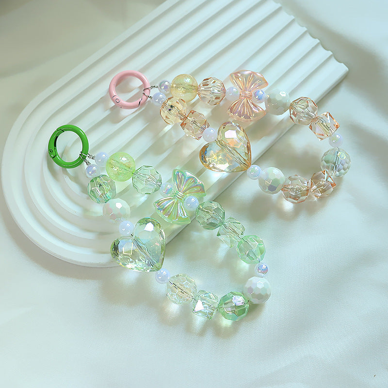 INS ビッグハート クリスタルビーズチェーン 携帯ストラップペンダント 吊り下げロープ バッグアクセサリー キーチェーンペンダント オーロラファセットビーズ サブ画像