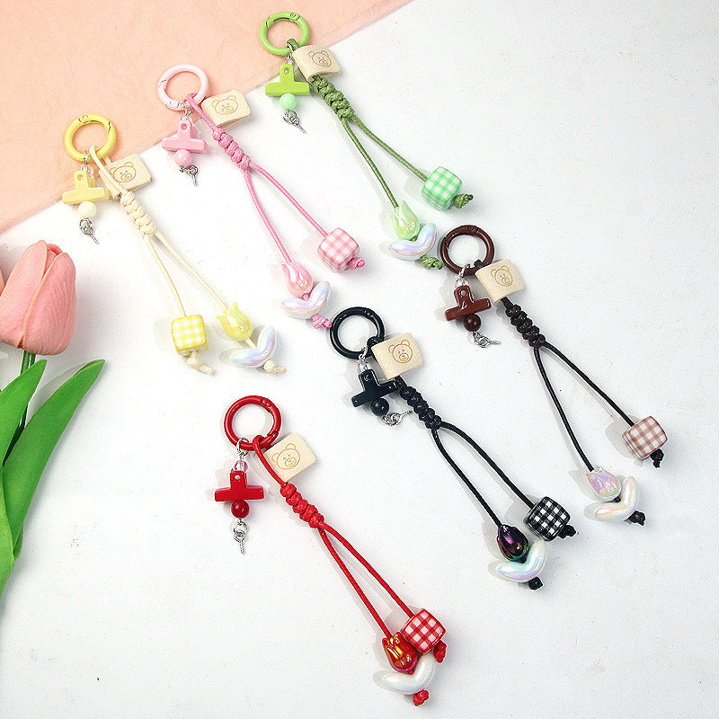 Braided Rope Tulip Pendant Keychain Clip Ornament Square Bead Accessory Bag Decoration Part サブ画像