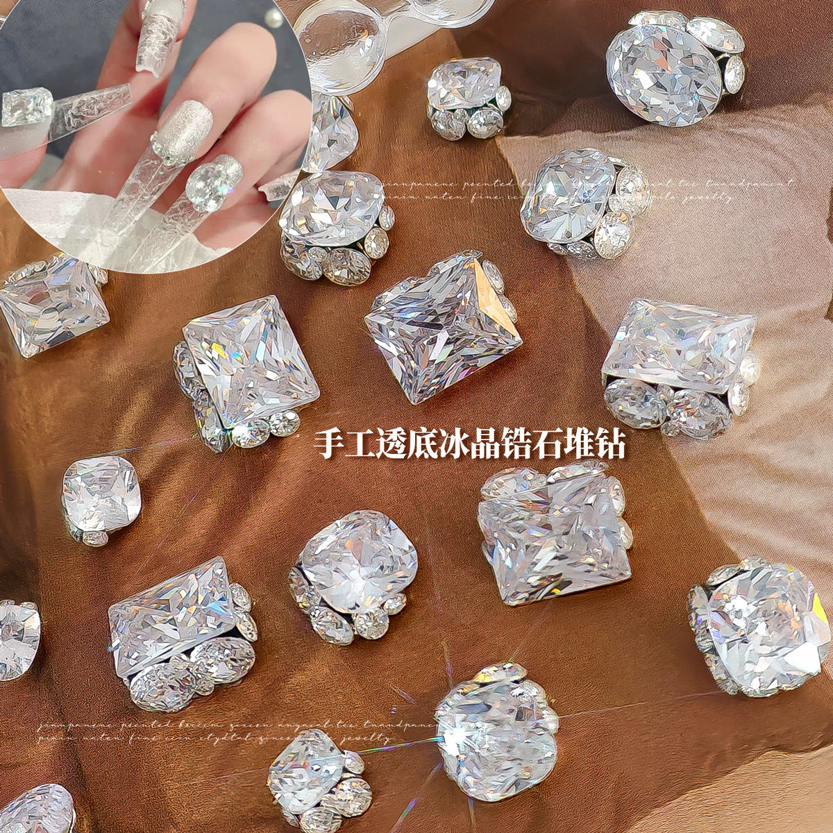 White zirconia stacked diamond finished nail art accessory, handmade full-diamond right-angle pigeon egg nail decoration Secondary image