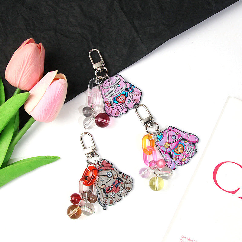 Cartoon rabbit pendant DIY accessory double-sided embossed keychain handmade beaded keychain サブ画像