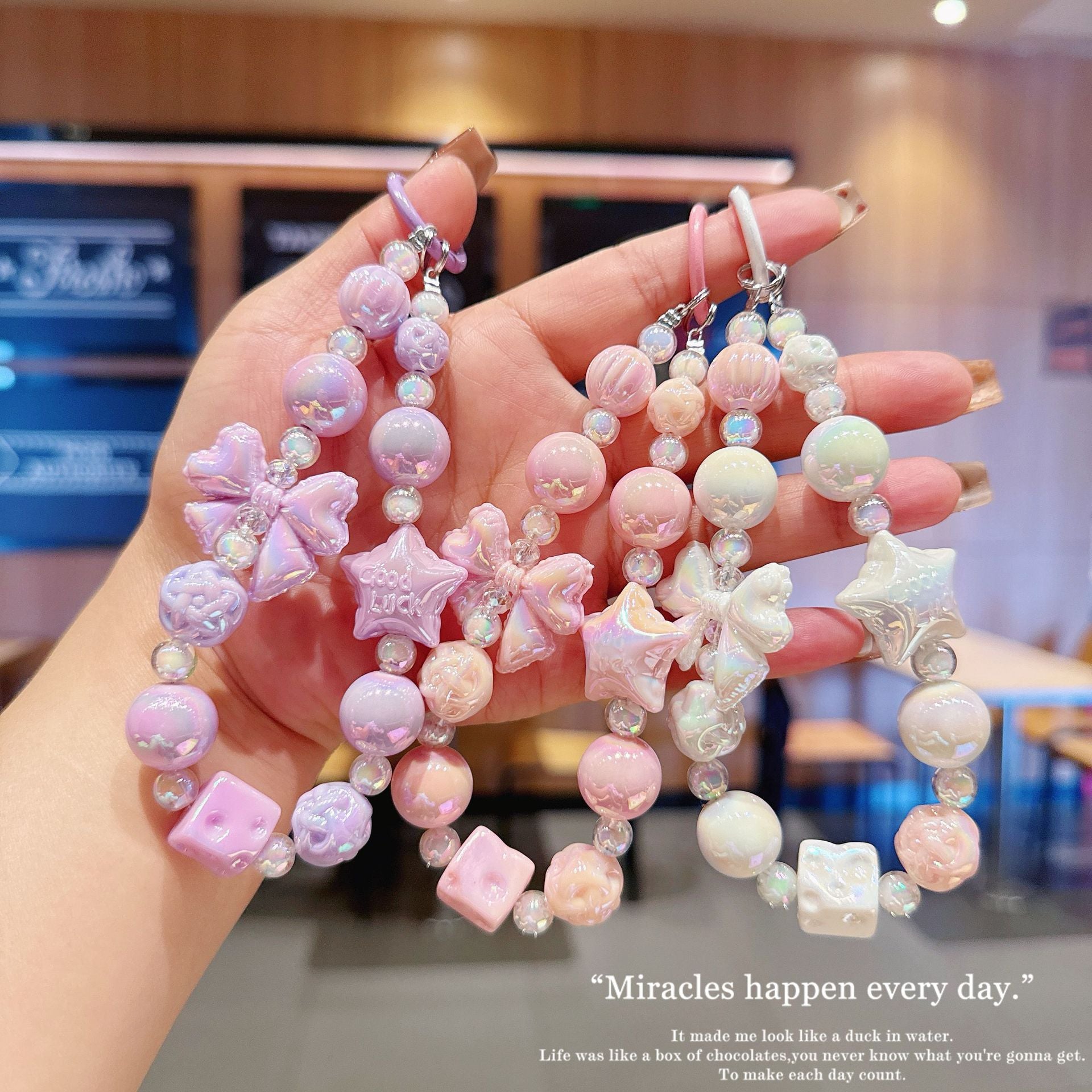 電気メッキレース蝶結びビーズストリング電話チェーン車のキーホルダーラッキースターバッグペンダントアクセサリー サブ画像