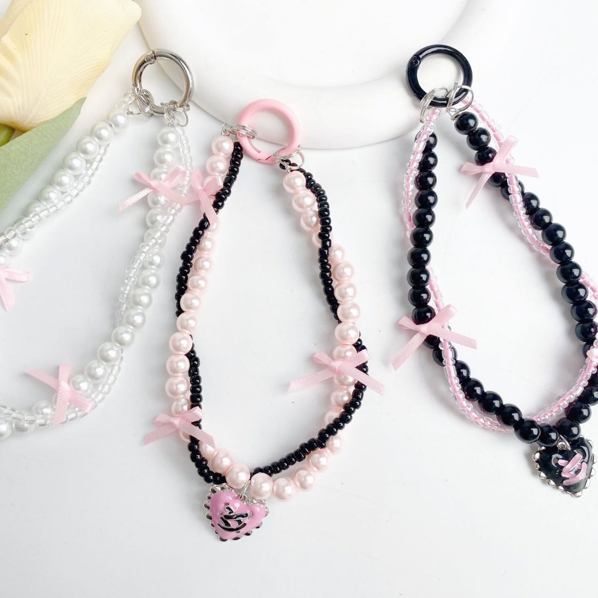 Fashionable Pearl Bow Phone Chain Handheld Chain Strap Keychain Bag Pendant Handmade Beaded Accessory サブ画像