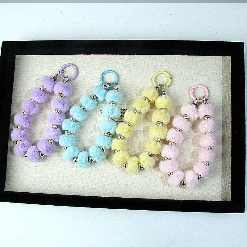 Autumn and winter plush ball bead pendant, silver spacer bead, simple phone chain, bag accessory, fashionable keychain サブ画像