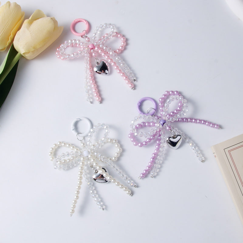 Pearl Crystal Double Bow Pendant Handmade Beaded Phone Chain Keychain Bag Decoration Accessory サブ画像