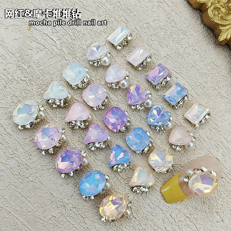 Summer Icy Mocha Sugar Cube Rhinestone Nail Art Decorations, Sparkling Macaron Color Series, Square Shape, Asymmetrical Heart Secondary image