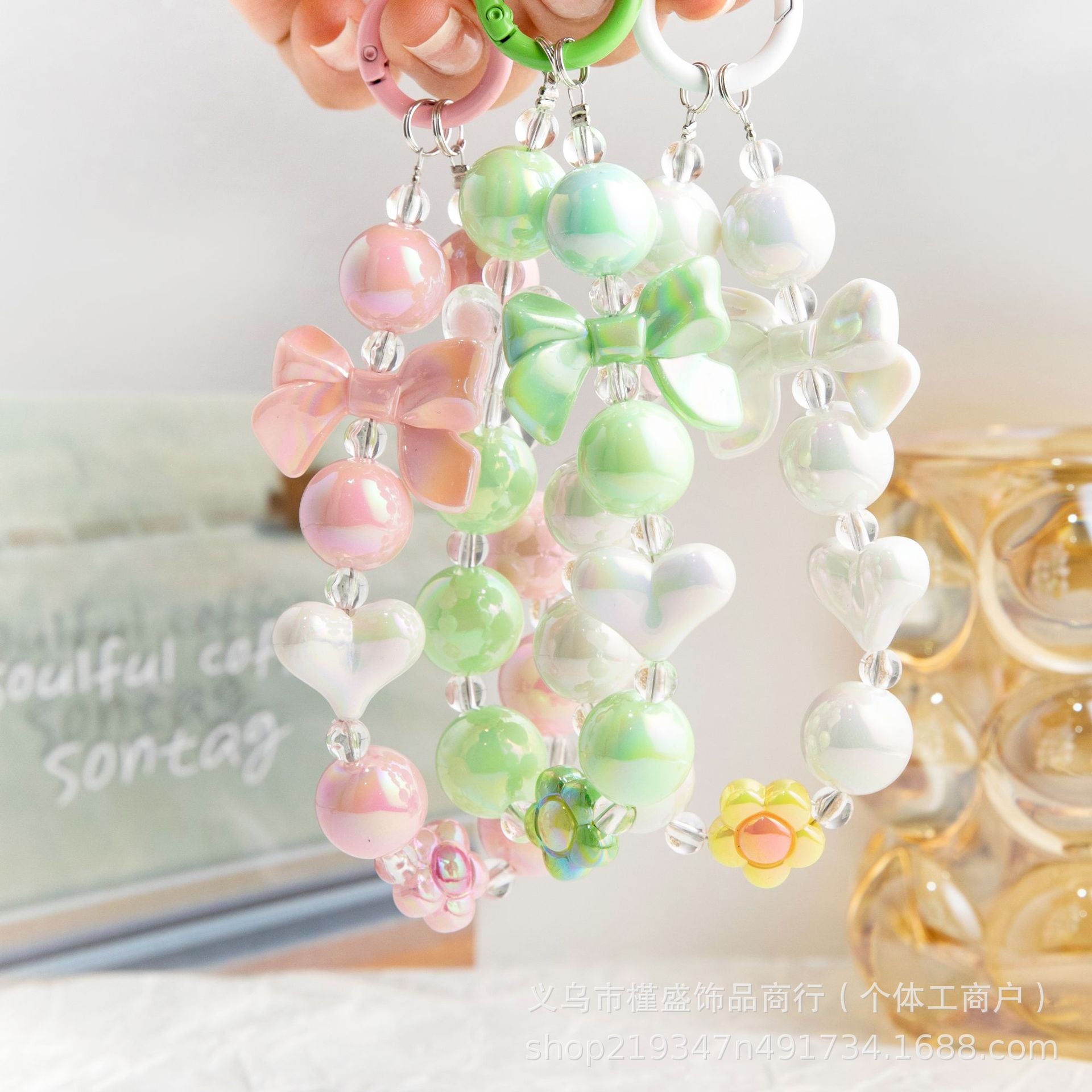 電気メッキのカラフルな小さな花の電話ケースペンダントキーチェーンバッグアクセサリー蝶結びビーズストリングペンダント サブ画像