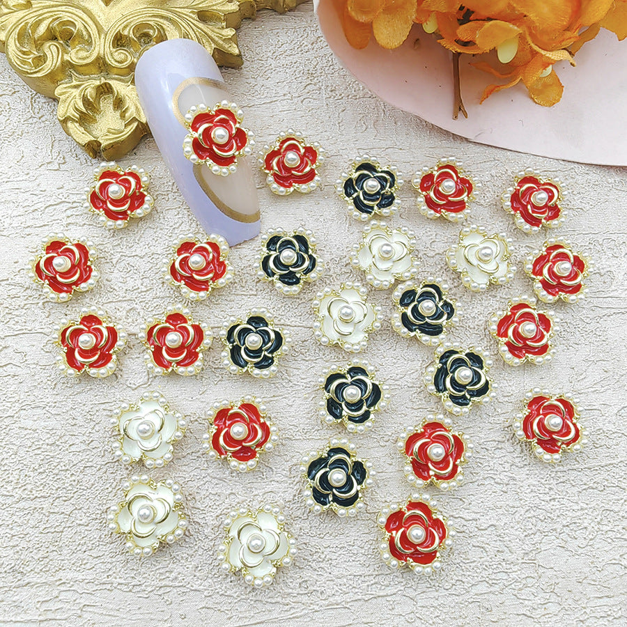 Trendy Spring Luxury Retro Pearl Chanel-style Enamel Exquisite Black and White Camellia Nail Art Accessories Secondary image