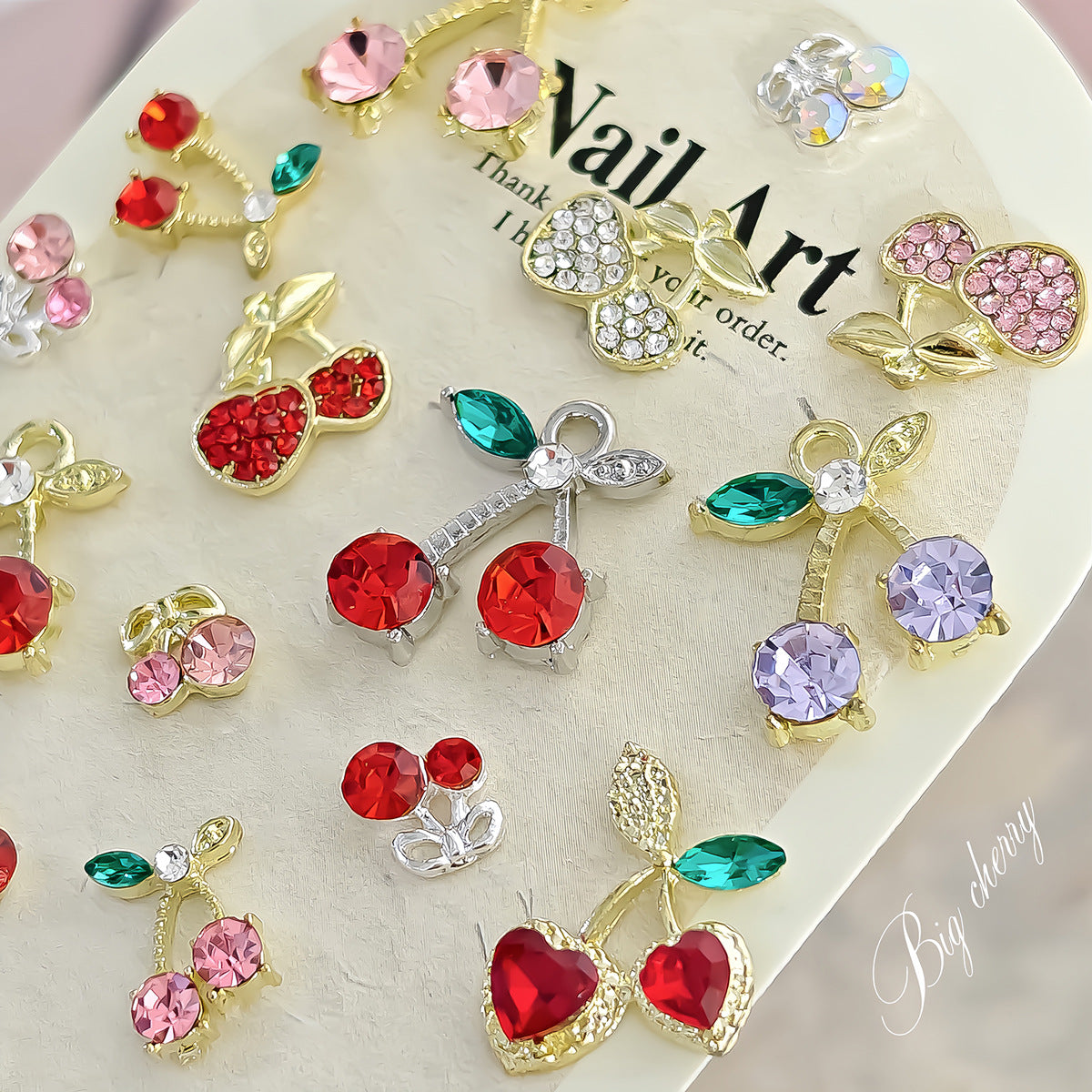 Cherry nail art accessories in red and pink, three-dimensional diamond-embellished metal nail decoration pieces Secondary image