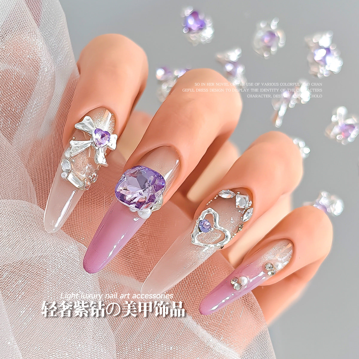 Silver Purple Diamond Nail Art Accessories, Luxurious 3D Bow, Bear, Heart, and Cross Nail Decorations Secondary image