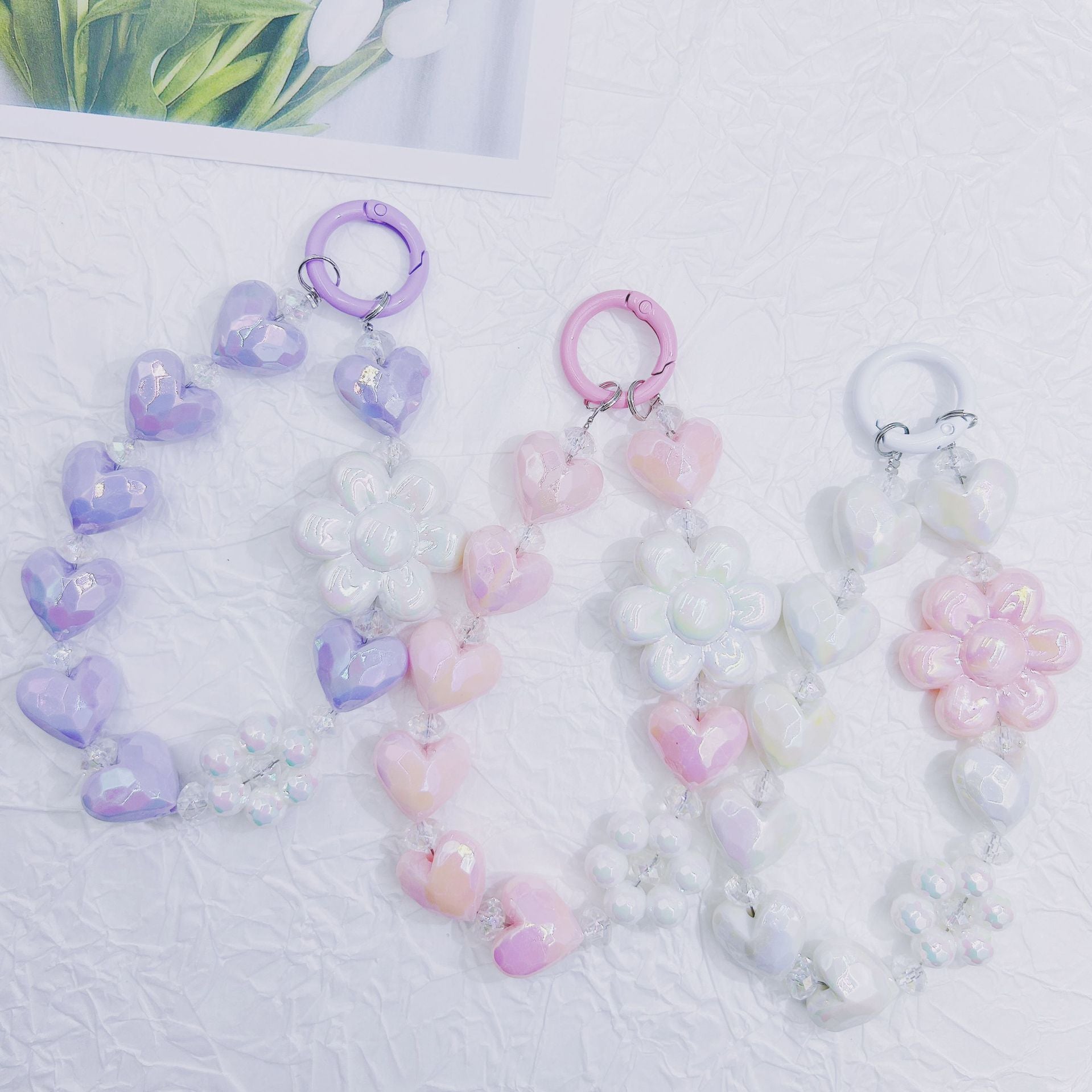 ビーズ付き電気メッキハート型ひまわりキーホルダー、携帯電話ペンダント、新鮮でカラフルなバッグアクセサリー、イヤホンペンダント サブ画像