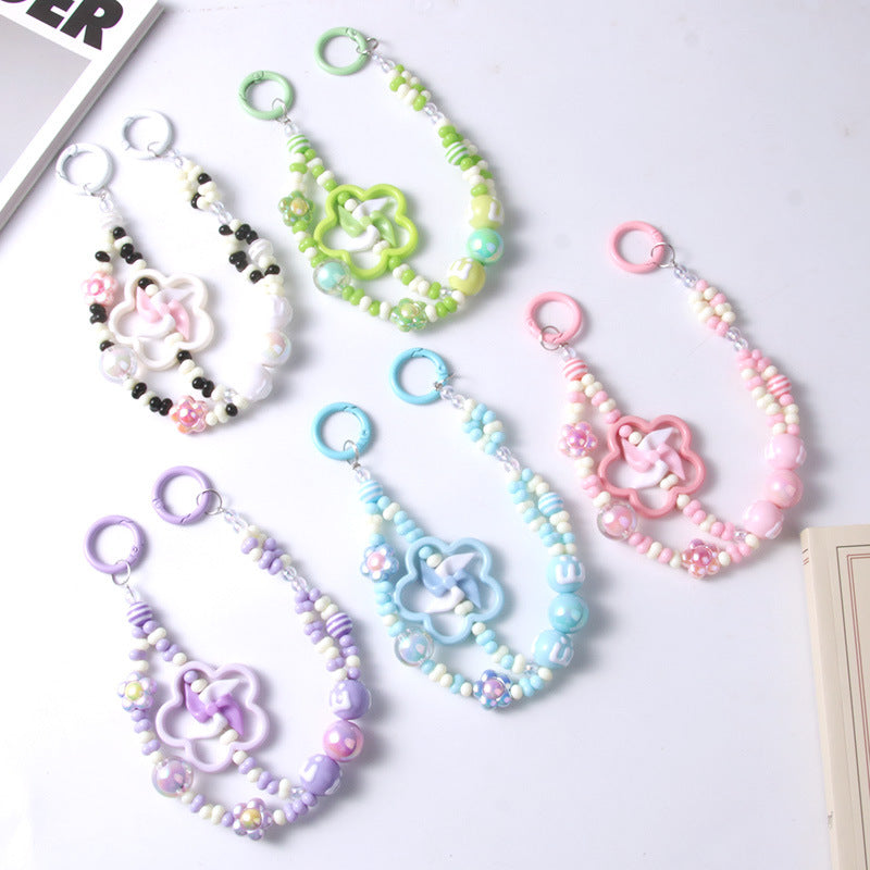 Hand-painted Peanut Bead Phone Chain, Cute Windmill Keychain, Flower Beaded Bag Pendant, Keychain Chain サブ画像