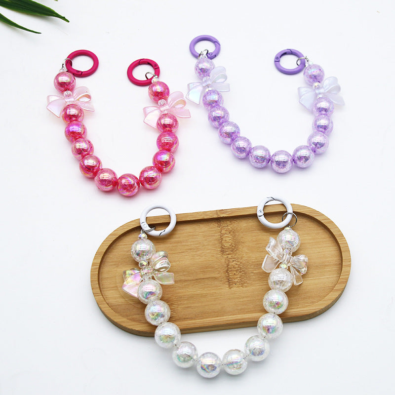 Bowknot beaded phone chain with double buckle, universal crackle bead phone case, earphone case lanyard, bag pendant, trendy accessory サブ画像
