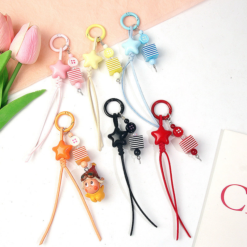 Creative striped bead key button, pentagram blind box cute accessory, fashionable braided rope bag pendant, mobile phone chain サブ画像