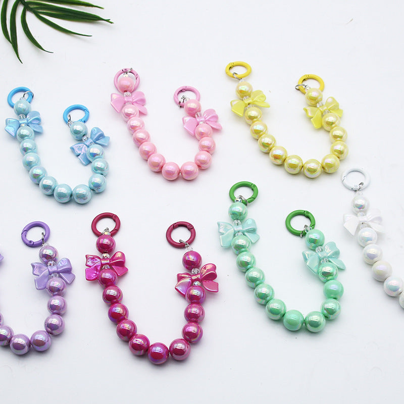 Solid color bead bow handmade beaded phone chain with double clasp, universal phone case and earphone case accessory, bag decoration, fresh style サブ画像