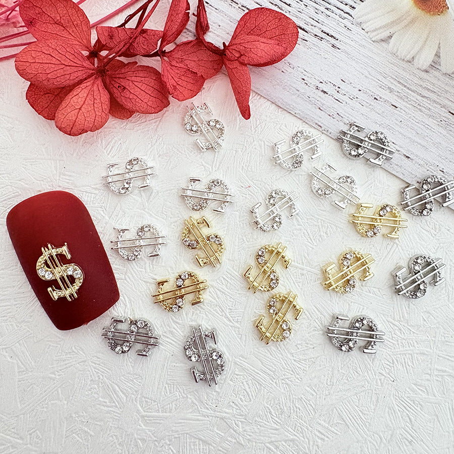 Nail art accessories: dollar sign alloy money, sparkling diamond nail decorations, shiny diamond, shiny gold foil Secondary image