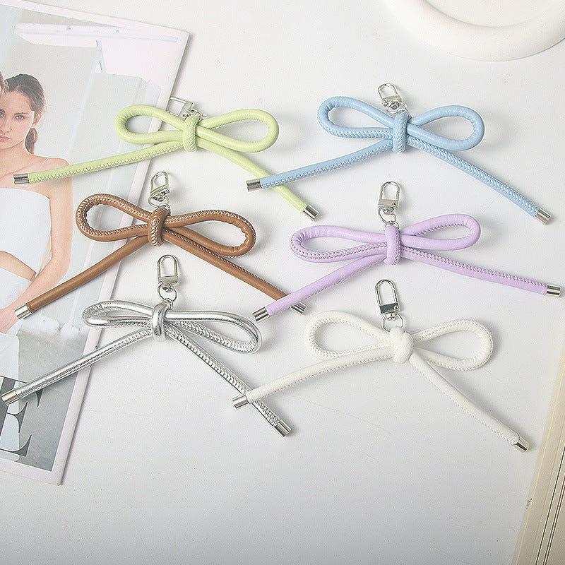 ins colorful dopamine PU leather cord pendant bow keychain accessory mobile phone strap hanging chain サブ画像